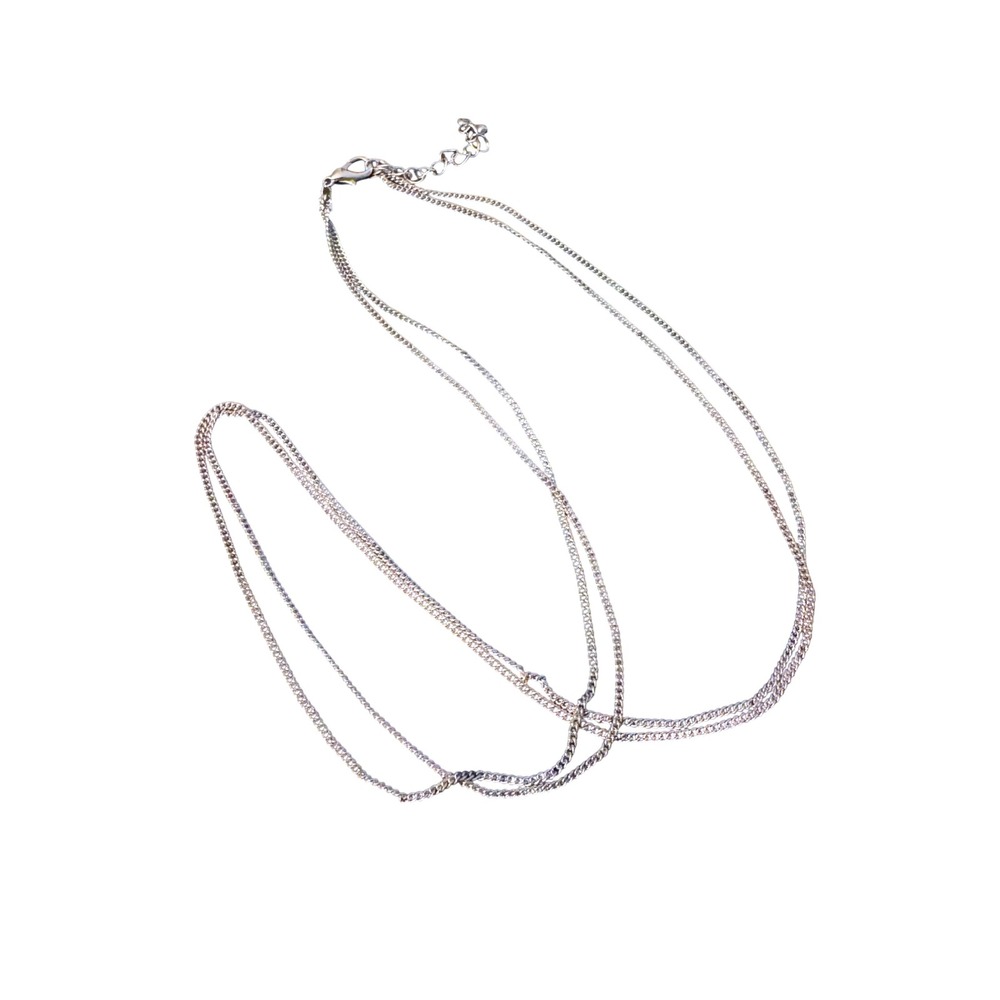 Silver Tone Double Strand Layered Curb Chain Necklace Adjustable Minimalist‎